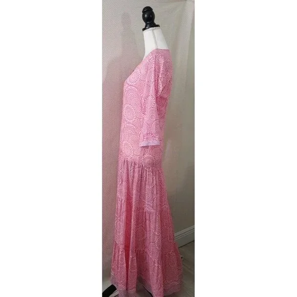 BELL By Alicia Bell Pink Tiered Maxi Dress Roll Tab Sleeves Button Front Size XS